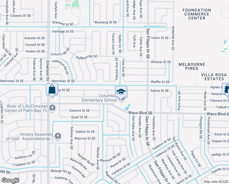 map of restaurants, bars, coffee shops, grocery stores, and more near 1130 Salina Street Southeast in Palm Bay
