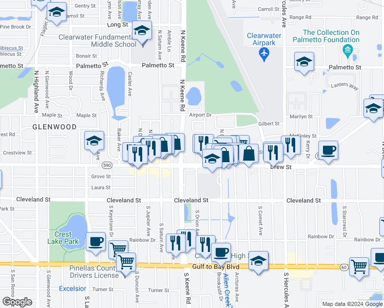 map of restaurants, bars, coffee shops, grocery stores, and more near 220 Tulane Avenue in Clearwater