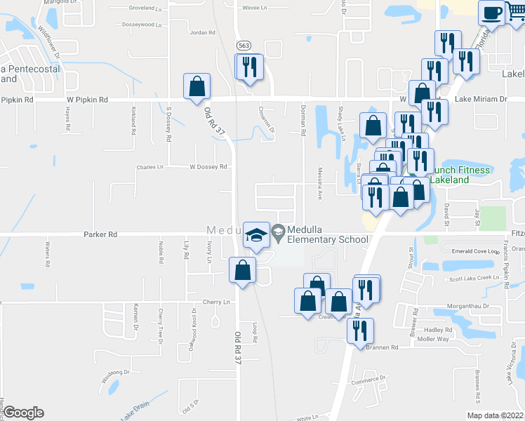 map of restaurants, bars, coffee shops, grocery stores, and more near 1050 Krenson Woods Road in Lakeland