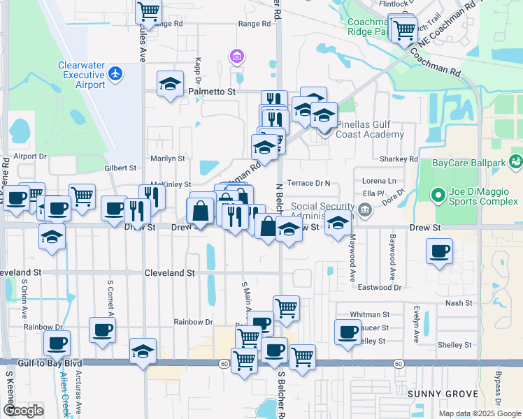 map of restaurants, bars, coffee shops, grocery stores, and more near 2169 Dell Avenue in Clearwater