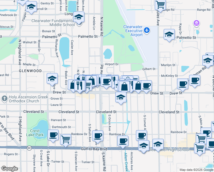 map of restaurants, bars, coffee shops, grocery stores, and more near 220 Tulane Avenue in Clearwater