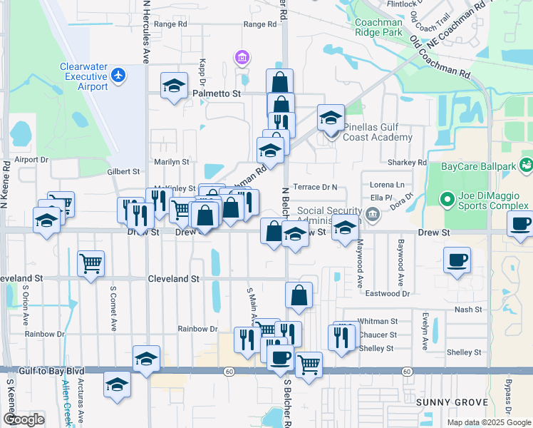 map of restaurants, bars, coffee shops, grocery stores, and more near 2169 Dell Avenue in Clearwater