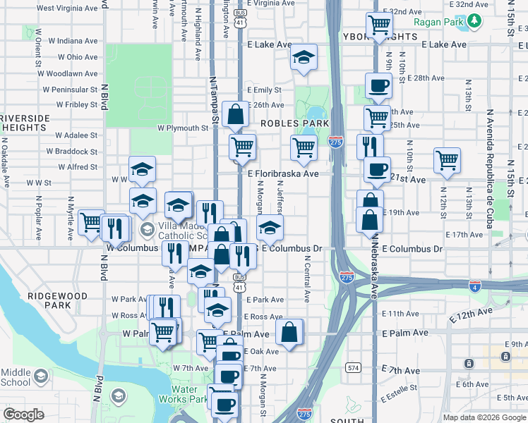 map of restaurants, bars, coffee shops, grocery stores, and more near 2805 North Morgan Street in Tampa