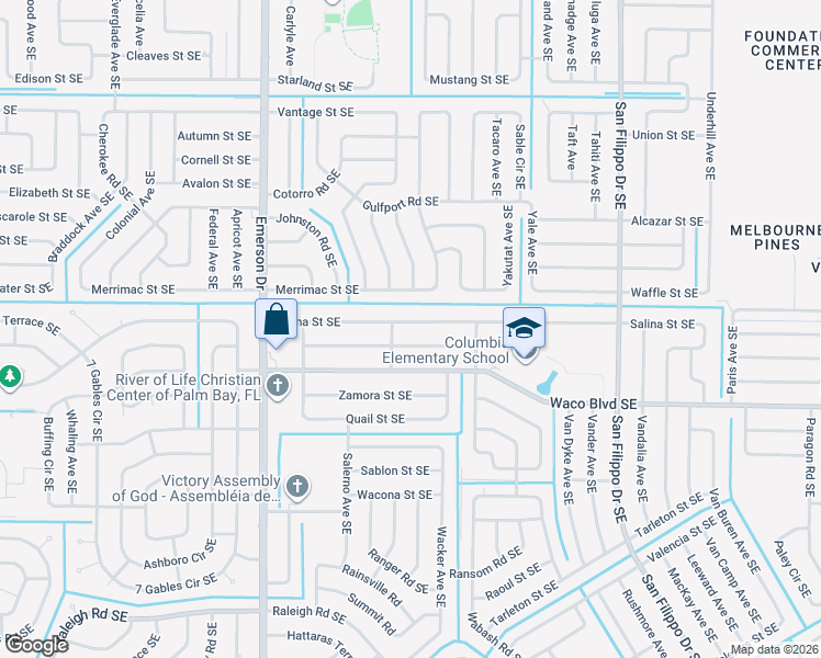 map of restaurants, bars, coffee shops, grocery stores, and more near 1020 Salina Street Southeast in Palm Bay