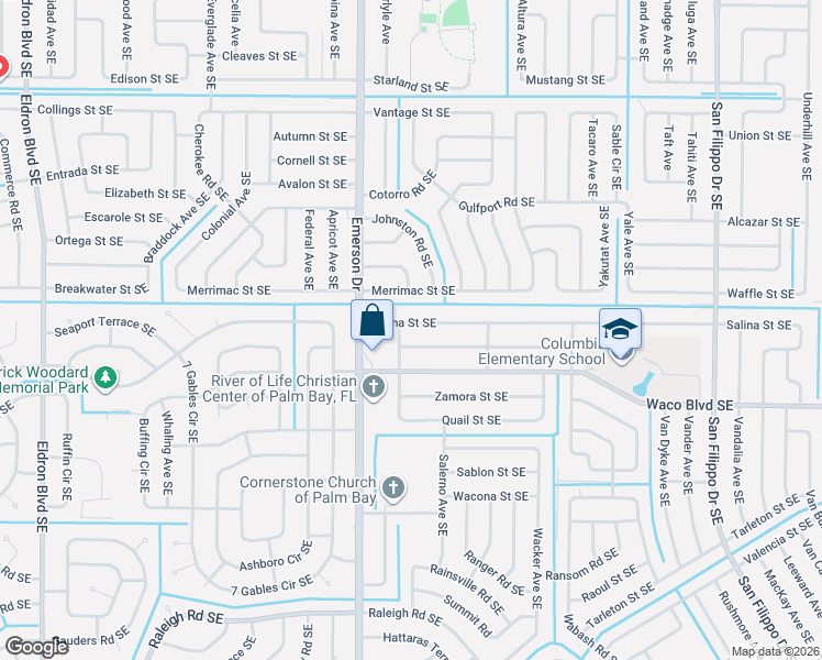 map of restaurants, bars, coffee shops, grocery stores, and more near 926 Salina Street Southeast in Palm Bay