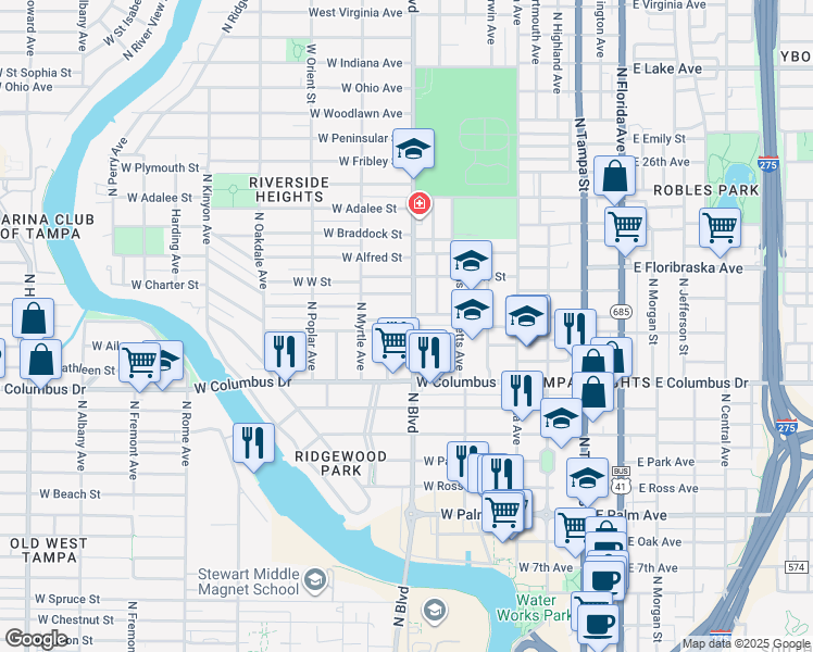 map of restaurants, bars, coffee shops, grocery stores, and more near 706 West Plaza Place in Tampa