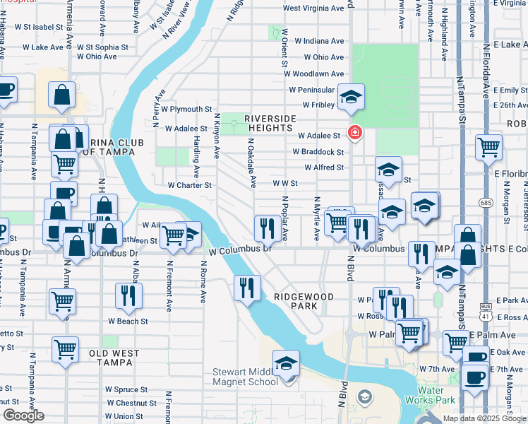 map of restaurants, bars, coffee shops, grocery stores, and more near 915 West Warren Avenue in Tampa
