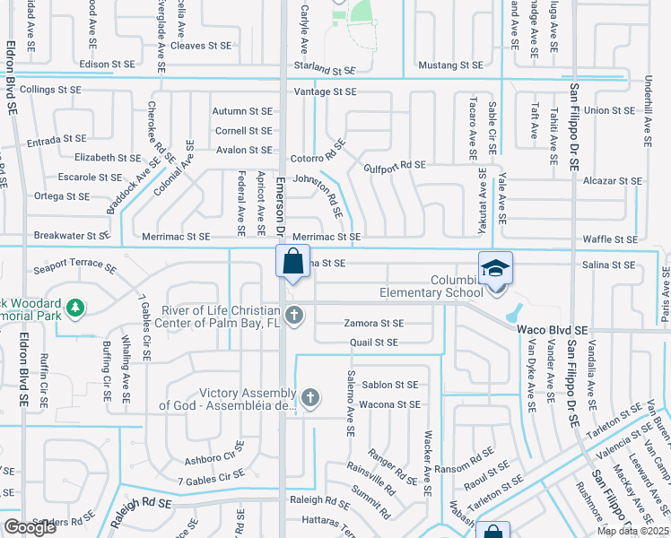 map of restaurants, bars, coffee shops, grocery stores, and more near 926 Salina Street Southeast in Palm Bay
