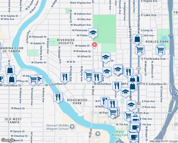 map of restaurants, bars, coffee shops, grocery stores, and more near 706 West Plaza Place in Tampa
