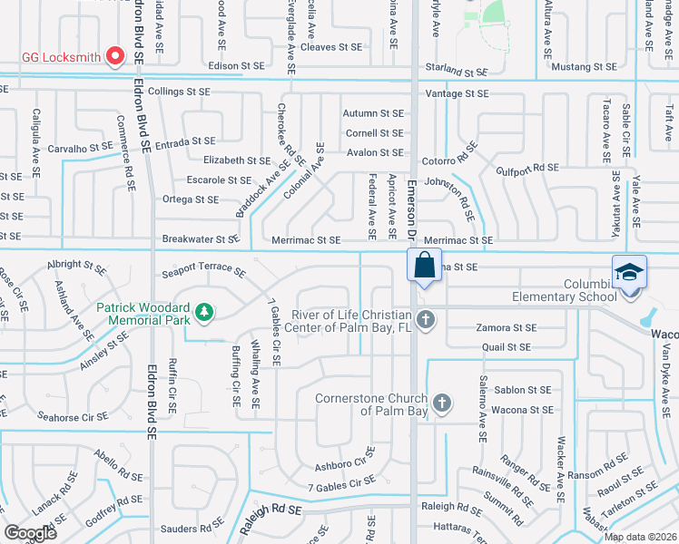 map of restaurants, bars, coffee shops, grocery stores, and more near 734 Koutnik Road Southeast in Palm Bay