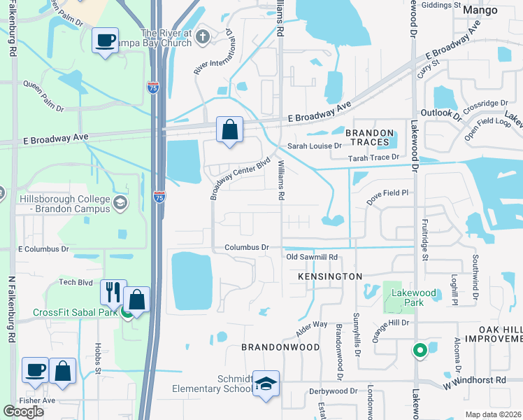 map of restaurants, bars, coffee shops, grocery stores, and more near 2140 Laceflower Drive in Brandon