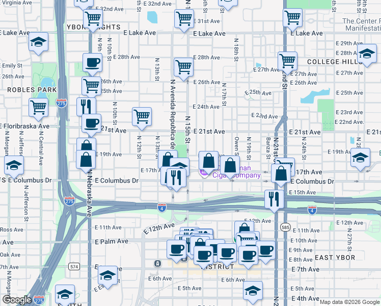 map of restaurants, bars, coffee shops, grocery stores, and more near 2905 North 15th Street in Tampa