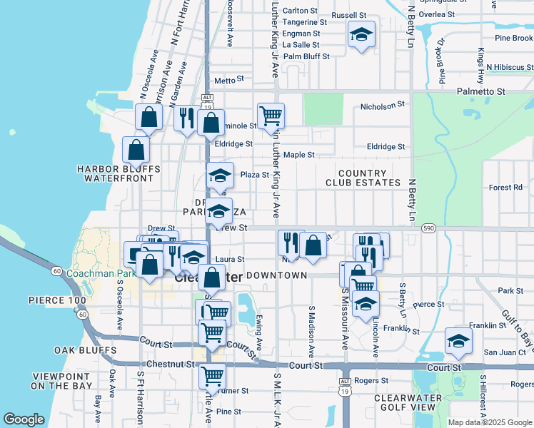 map of restaurants, bars, coffee shops, grocery stores, and more near 1009 Jones Street in Clearwater