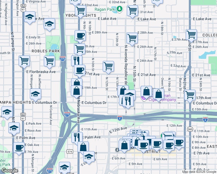 map of restaurants, bars, coffee shops, grocery stores, and more near 2901 North 11th Street in Tampa