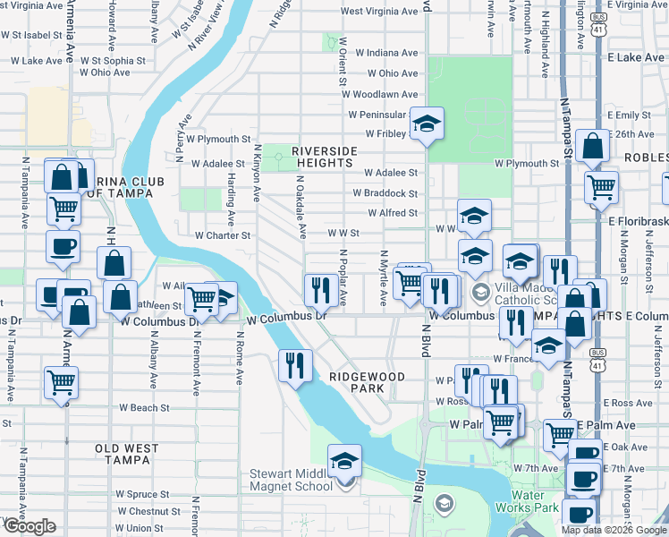 map of restaurants, bars, coffee shops, grocery stores, and more near 821 West Warren Avenue in Tampa