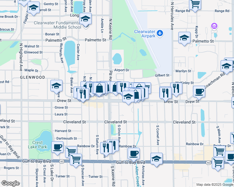 map of restaurants, bars, coffee shops, grocery stores, and more near 215 Weber Avenue in Clearwater