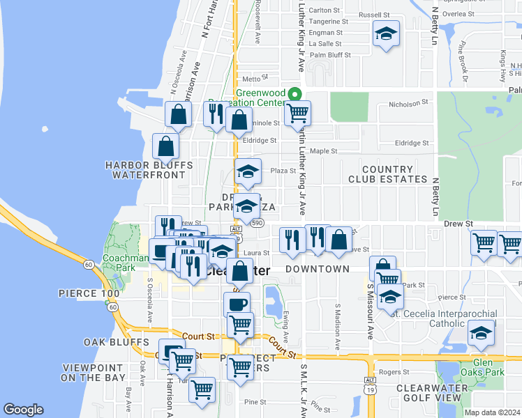 map of restaurants, bars, coffee shops, grocery stores, and more near 911 Jones Street in Clearwater