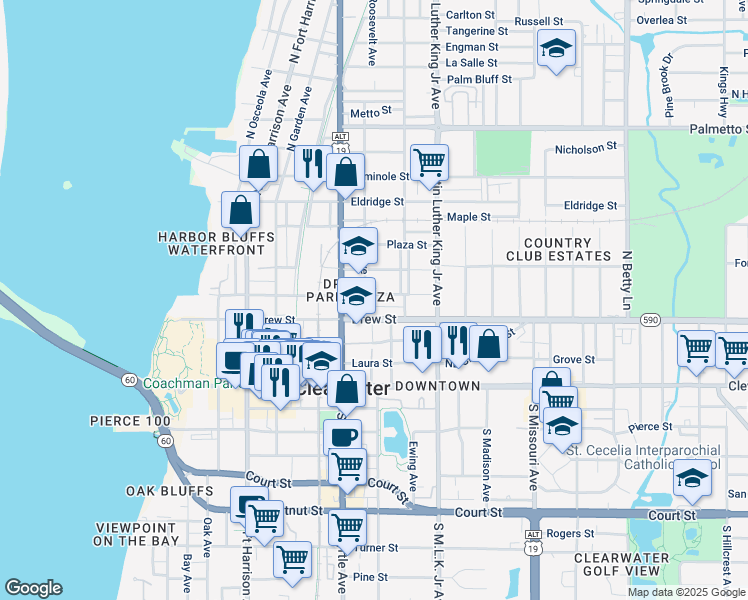 map of restaurants, bars, coffee shops, grocery stores, and more near 911 Jones Street in Clearwater