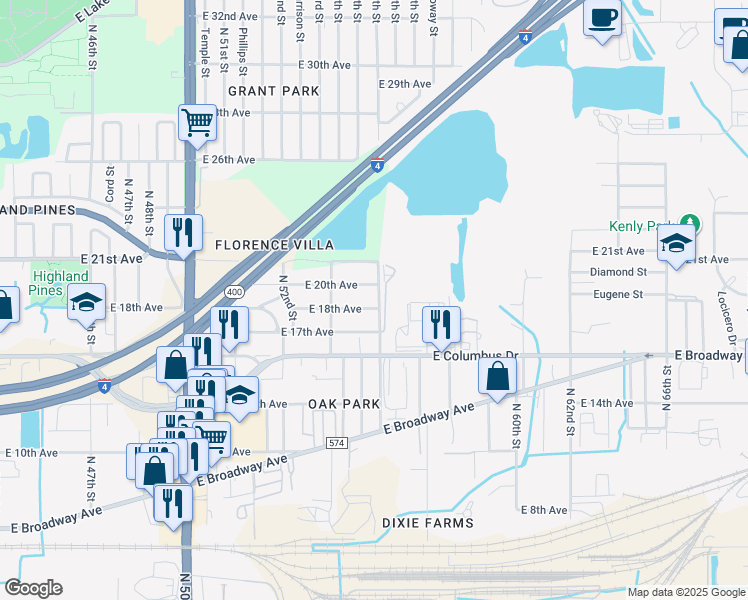 map of restaurants, bars, coffee shops, grocery stores, and more near 2904 North 56th Street in Tampa