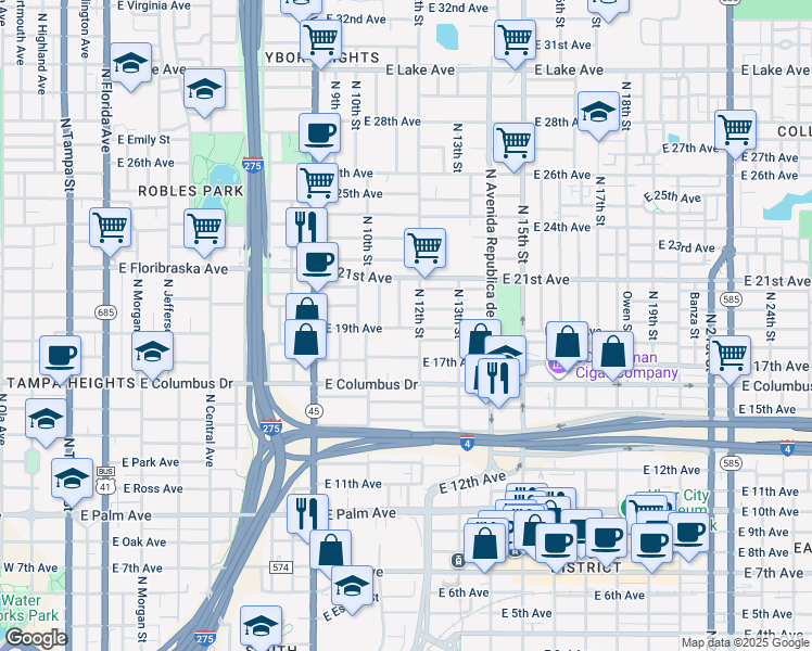 map of restaurants, bars, coffee shops, grocery stores, and more near 2901 North 11th Street in Tampa