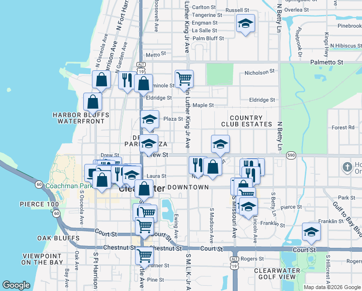 map of restaurants, bars, coffee shops, grocery stores, and more near 1009 Jones Street in Clearwater