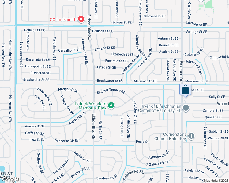 map of restaurants, bars, coffee shops, grocery stores, and more near 580 Seaport Terrace Southeast in Palm Bay