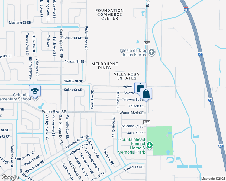 map of restaurants, bars, coffee shops, grocery stores, and more near 1573 Salazar Street Southeast in Palm Bay