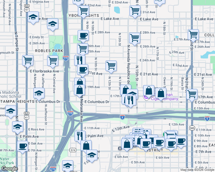 map of restaurants, bars, coffee shops, grocery stores, and more near 1024 East 19th Avenue in Tampa
