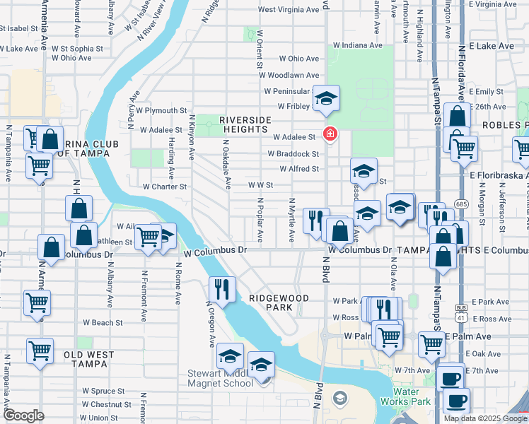 map of restaurants, bars, coffee shops, grocery stores, and more near 821 West Warren Avenue in Tampa