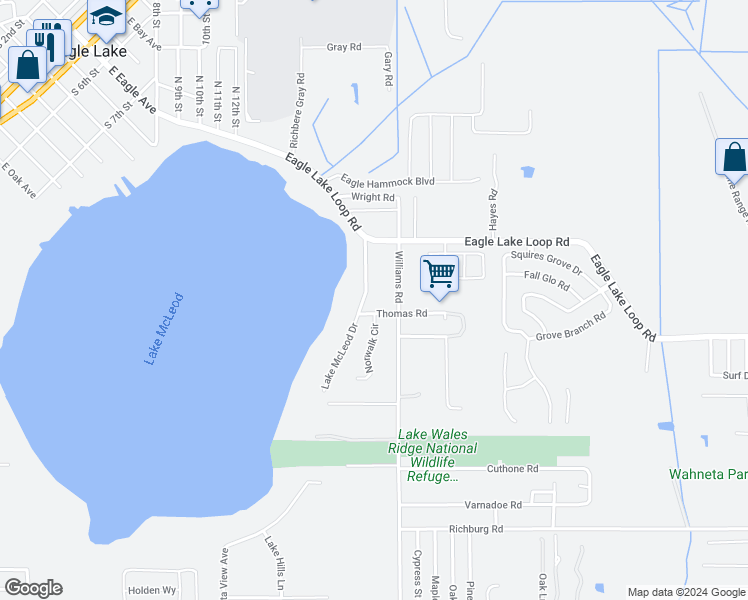 map of restaurants, bars, coffee shops, grocery stores, and more near 141 Lake McLeod Drive in Eagle Lake