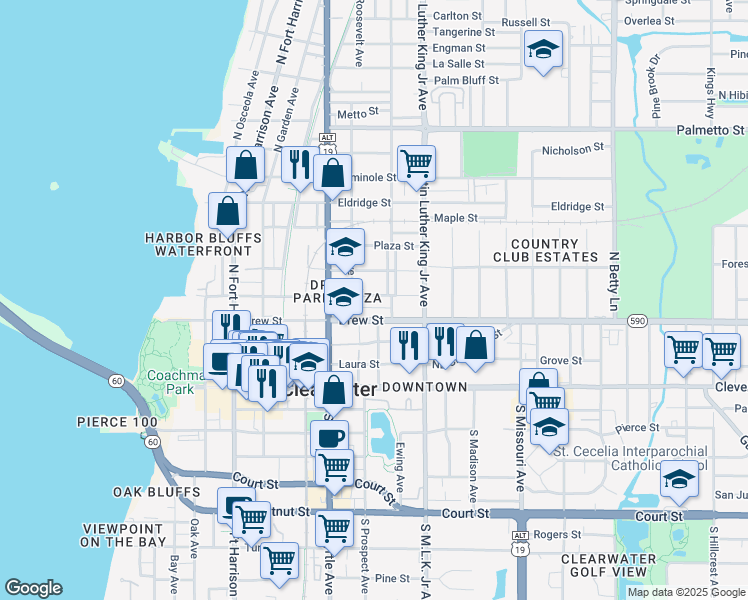 map of restaurants, bars, coffee shops, grocery stores, and more near 911 Jones Street in Clearwater