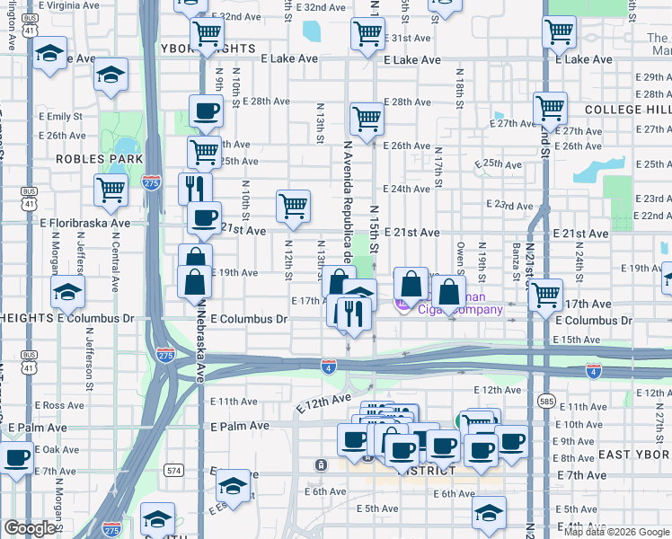 map of restaurants, bars, coffee shops, grocery stores, and more near 1310 East 19th Avenue in Tampa