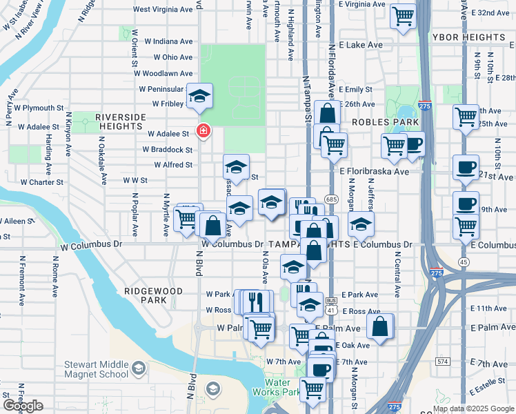 map of restaurants, bars, coffee shops, grocery stores, and more near 307 West Warren Avenue in Tampa
