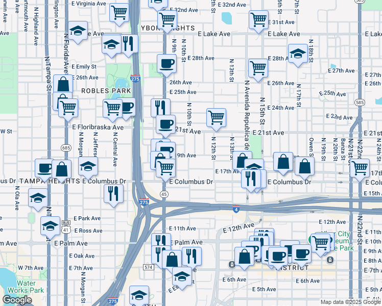 map of restaurants, bars, coffee shops, grocery stores, and more near 1000 East 19th Avenue in Tampa