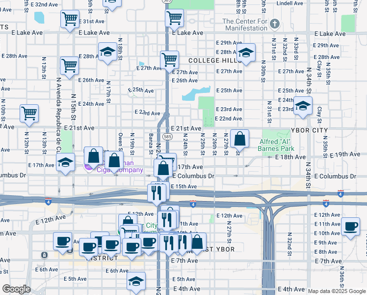 map of restaurants, bars, coffee shops, grocery stores, and more near 2214 East 19th Avenue in Tampa