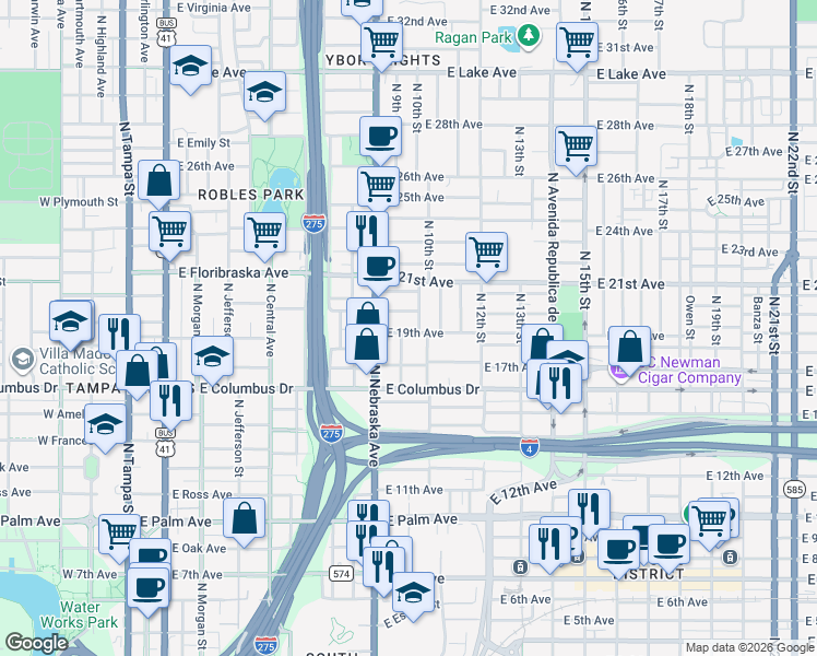 map of restaurants, bars, coffee shops, grocery stores, and more near 916 East 19th Avenue in Tampa