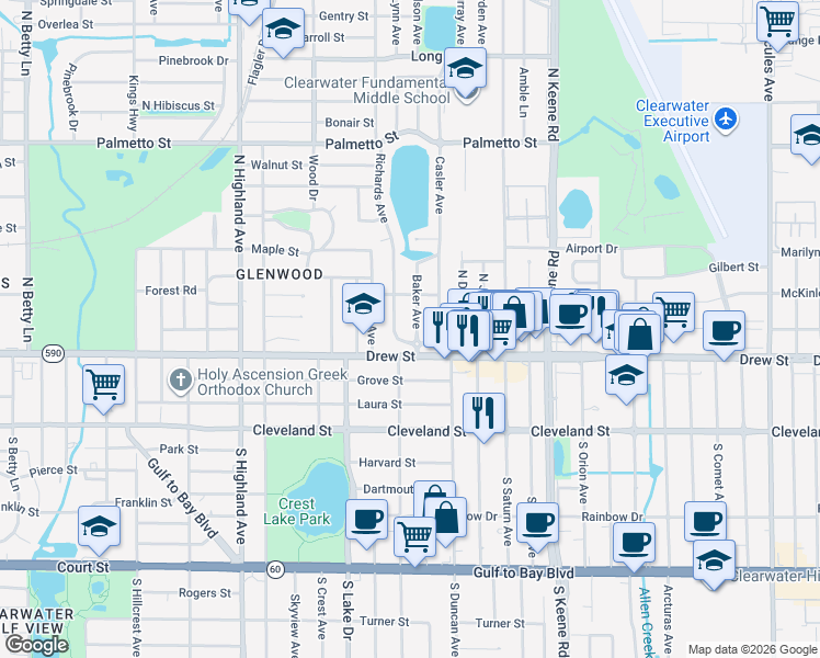 map of restaurants, bars, coffee shops, grocery stores, and more near 216 Baker Avenue in Clearwater