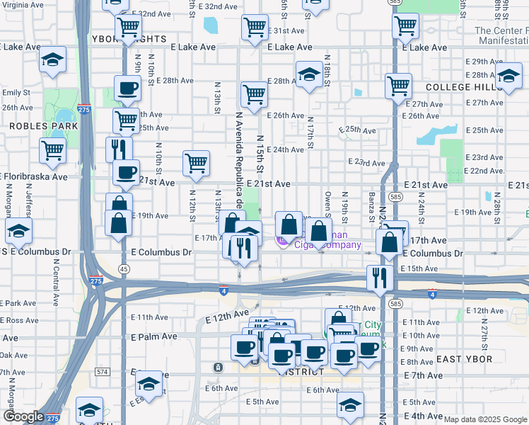 map of restaurants, bars, coffee shops, grocery stores, and more near 2905 North 15th Street in Tampa