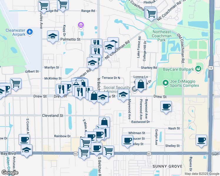map of restaurants, bars, coffee shops, grocery stores, and more near 2240 Norman Drive in Clearwater