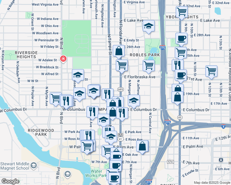 map of restaurants, bars, coffee shops, grocery stores, and more near 107 East Warren Avenue in Tampa