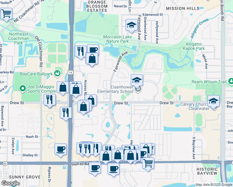 map of restaurants, bars, coffee shops, grocery stores, and more near 2750 Drew Street in Clearwater