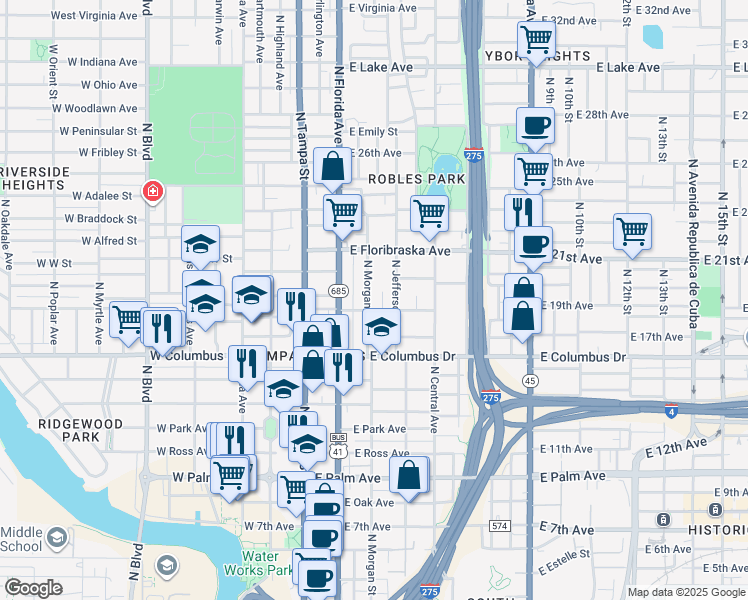 map of restaurants, bars, coffee shops, grocery stores, and more near 2805 North Morgan Street in Tampa