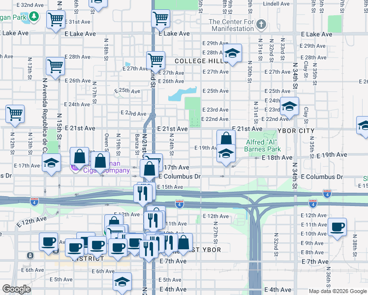 map of restaurants, bars, coffee shops, grocery stores, and more near 2410 East 19th Avenue in Tampa