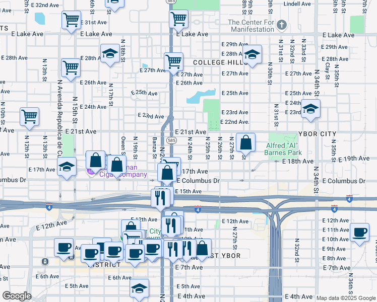 map of restaurants, bars, coffee shops, grocery stores, and more near 2214 East 19th Avenue in Tampa