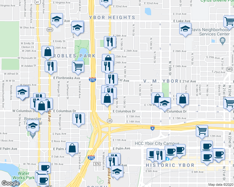map of restaurants, bars, coffee shops, grocery stores, and more near 908 East 19th Avenue in Tampa