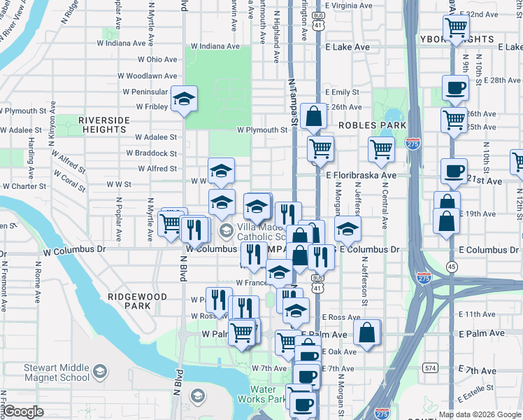 map of restaurants, bars, coffee shops, grocery stores, and more near 2810 North Highland Avenue in Tampa