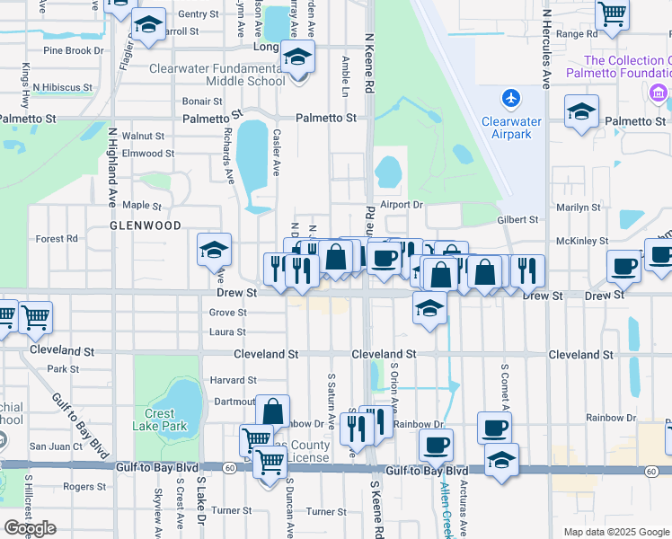 map of restaurants, bars, coffee shops, grocery stores, and more near 222 North Mars Avenue in Clearwater