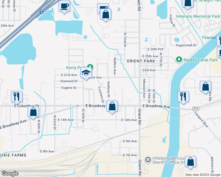 map of restaurants, bars, coffee shops, grocery stores, and more near 2819 Anthony Street in Tampa
