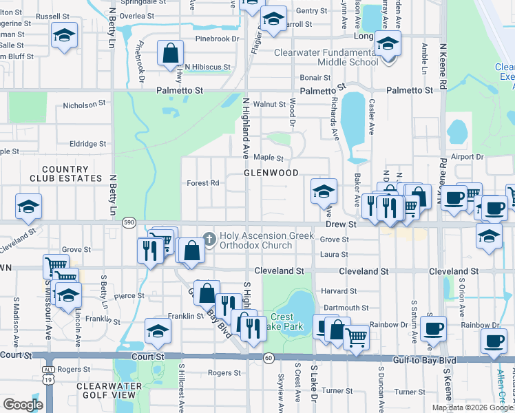 map of restaurants, bars, coffee shops, grocery stores, and more near 214 North Glenwood Avenue in Clearwater