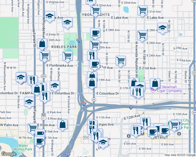 map of restaurants, bars, coffee shops, grocery stores, and more near 908 East 19th Avenue in Tampa
